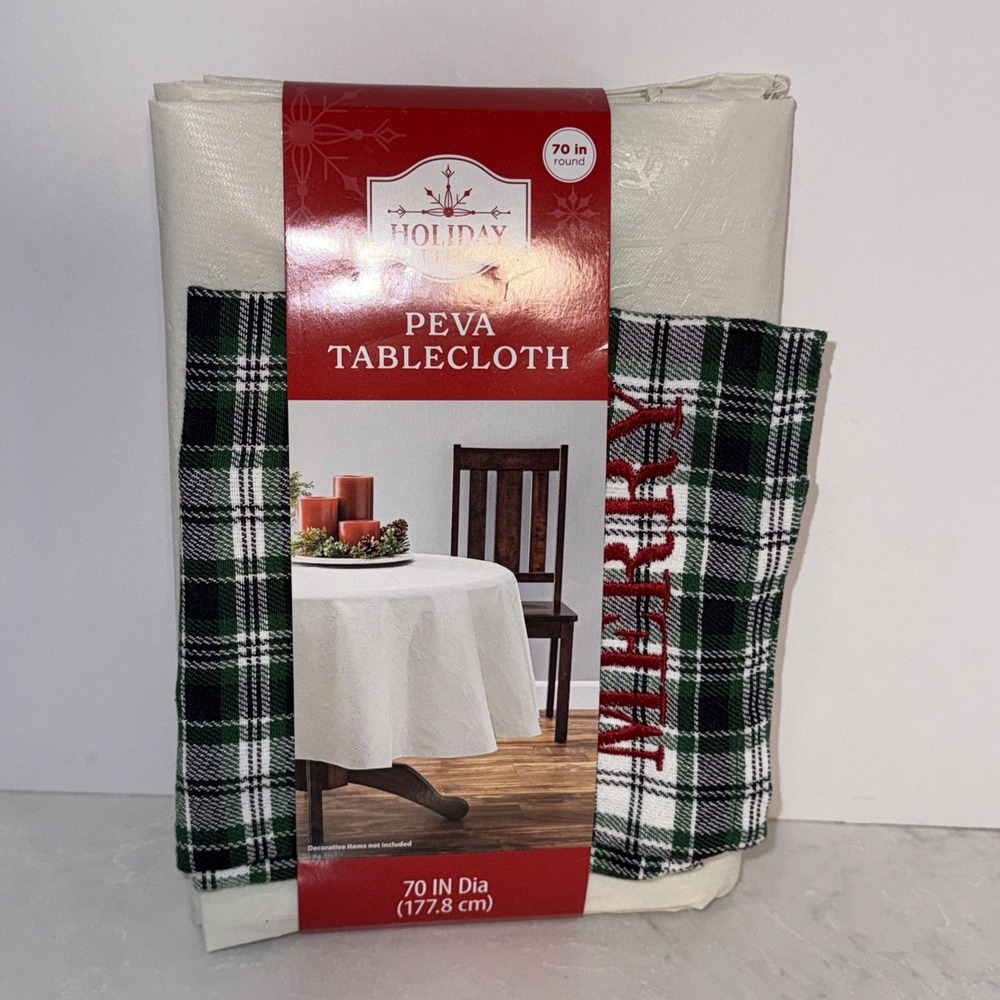 HOLIDAY TIME Green  WHITE FABRIC TABLECLOTH 70" ROUND POLYESTER BLEND Christmas